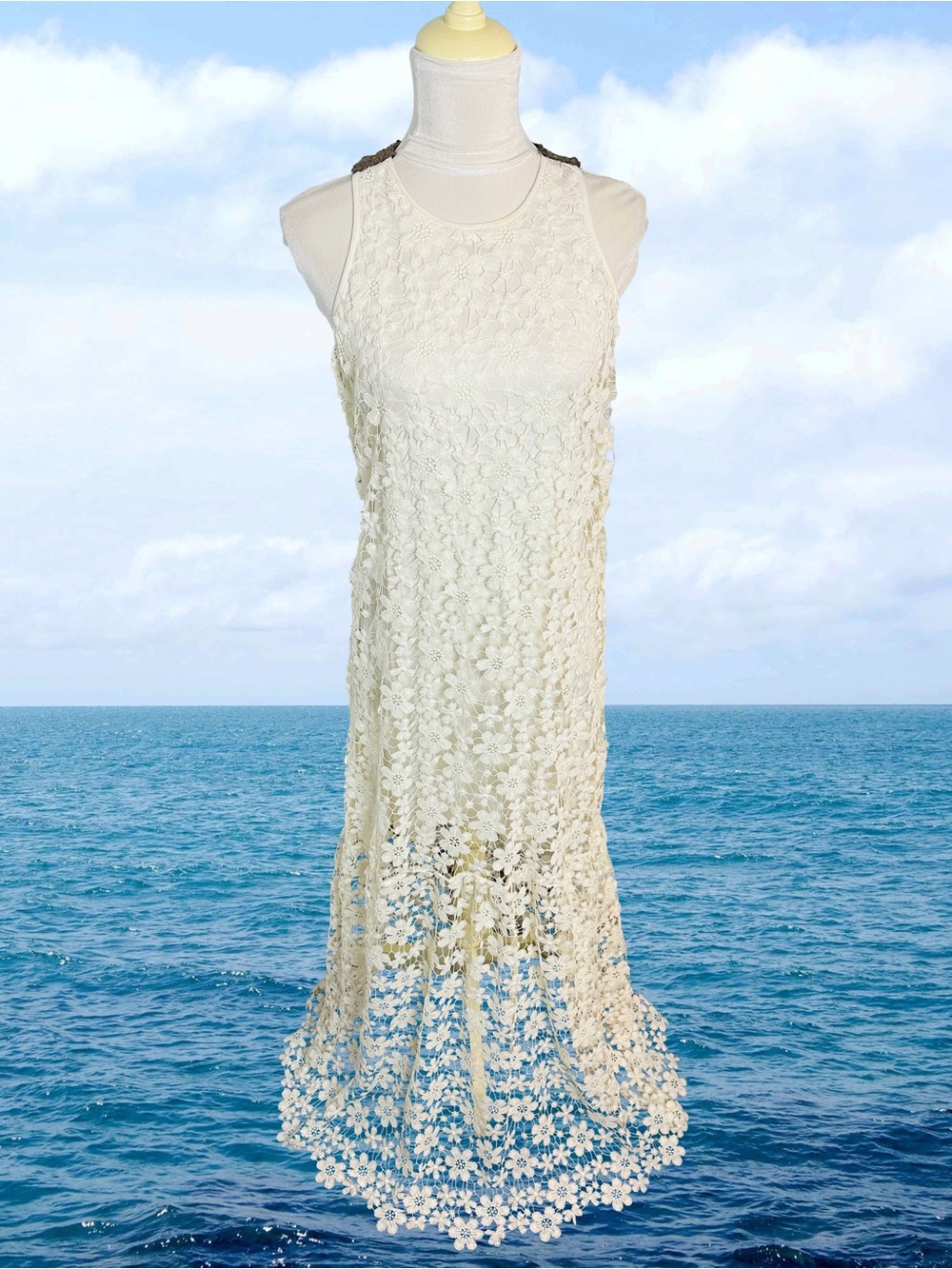 Argemiro Sierra Columbia Designer Floral Crochet Lace Maxi Dress Sequin Accent